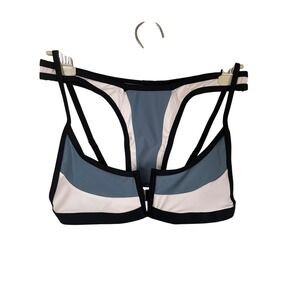 Colorblock Front Zip Bikini Set Blue White Black Sporty Cutout Swimsuit Medium
